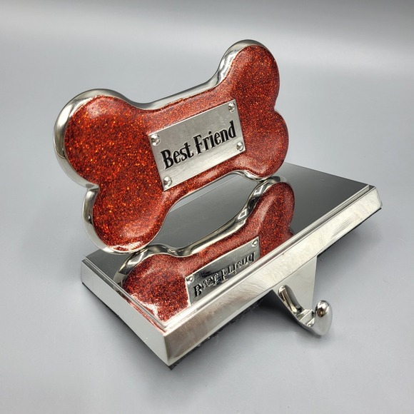 Stocking Holder Doggy Pet Best Friend Dog Bone Red Glitter Silver Tone Metal - Picture 2 of 10